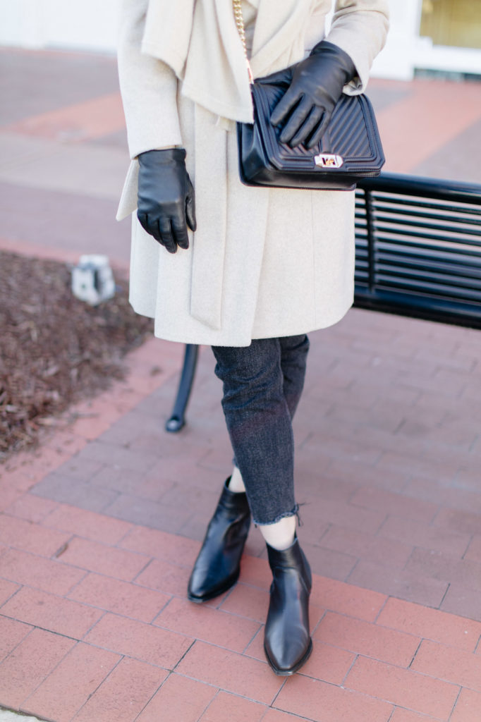 Wrap coat, beanie, cashmere scarf, dark denim, winter boots