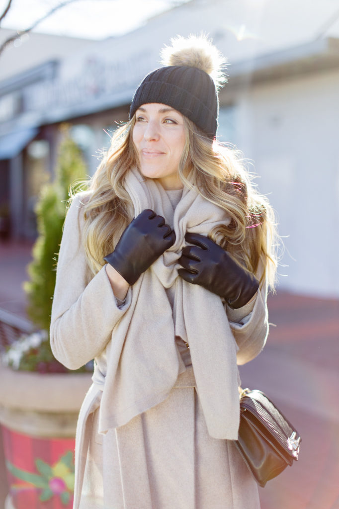 Wrap coat, beanie, cashmere scarf, dark denim, winter boots