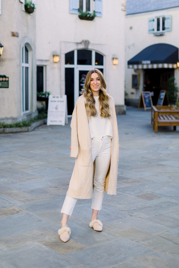 cream cardigan with white jeans