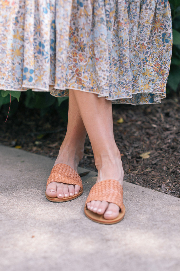 cute summer sandals neutral woven flat with blue maxi dress