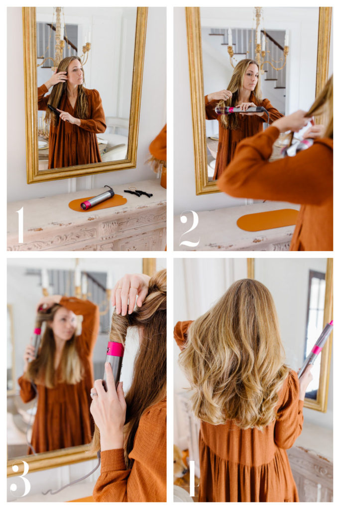 woman curling hair with the dyson airwrap in step by step tutorial