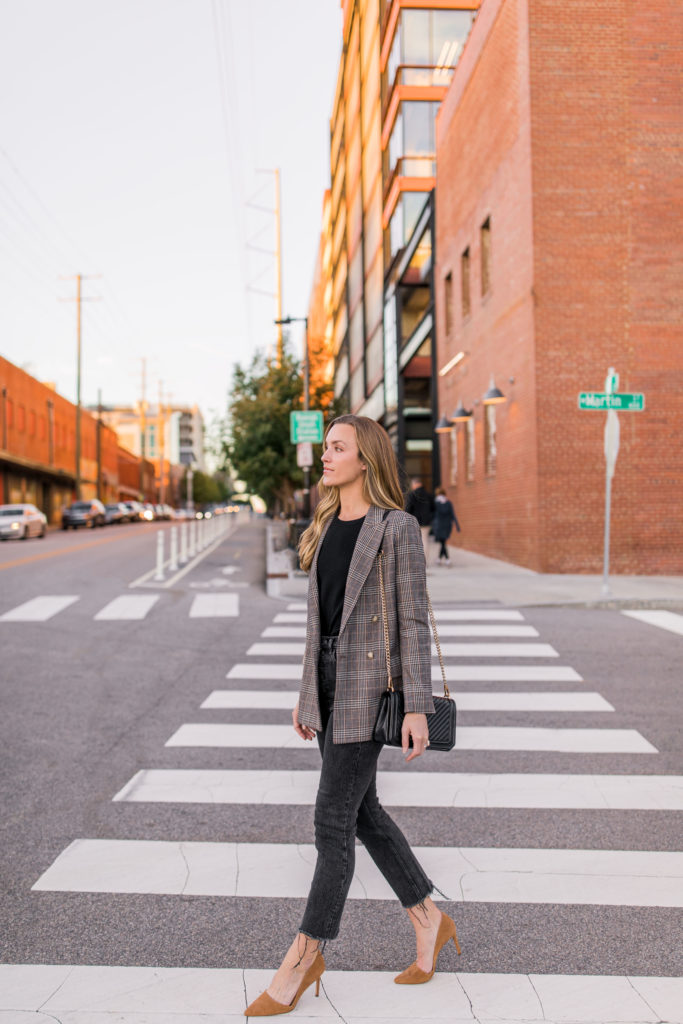 plaid blazer date night outfit with heels