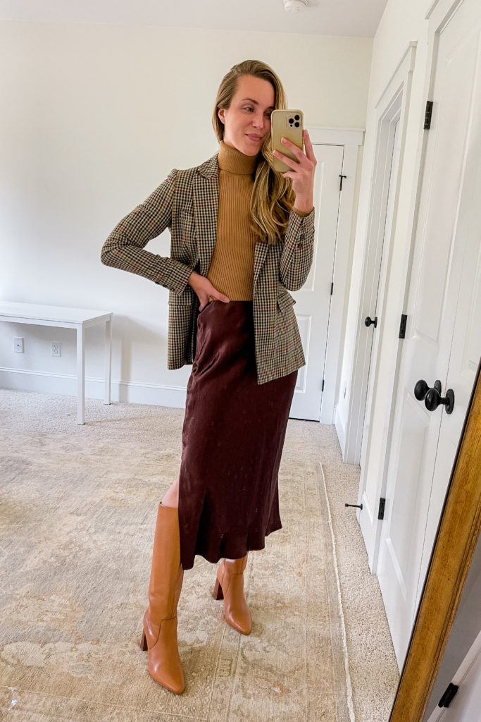 tonal plaid blazer outfit with turtleneck, slip skirt, and boots