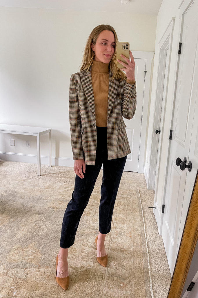 plaid blazer outfit for the office with sweater, pants, and pumps