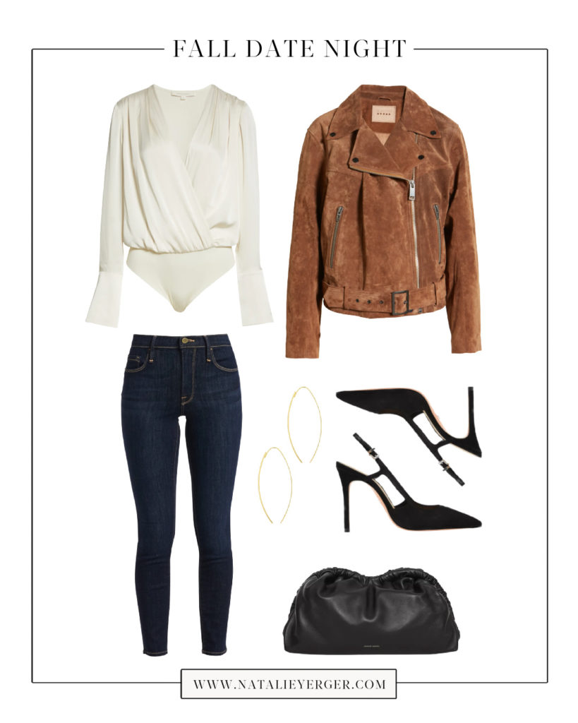 fall date night outfit with satin bodysuit, suede moto jacket, skinny jeans, and pumps