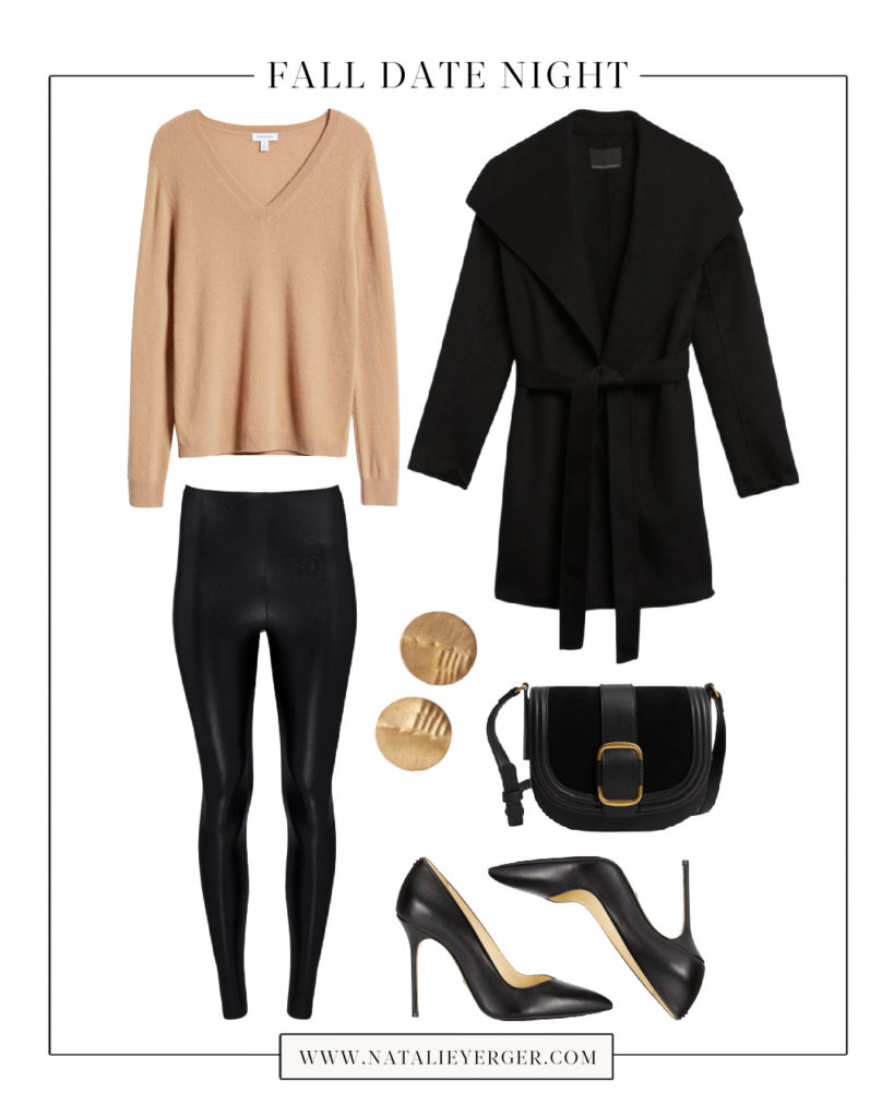 faux leather leggings outfit for fall with v-neck sweater, black wrap coat, and black pumps