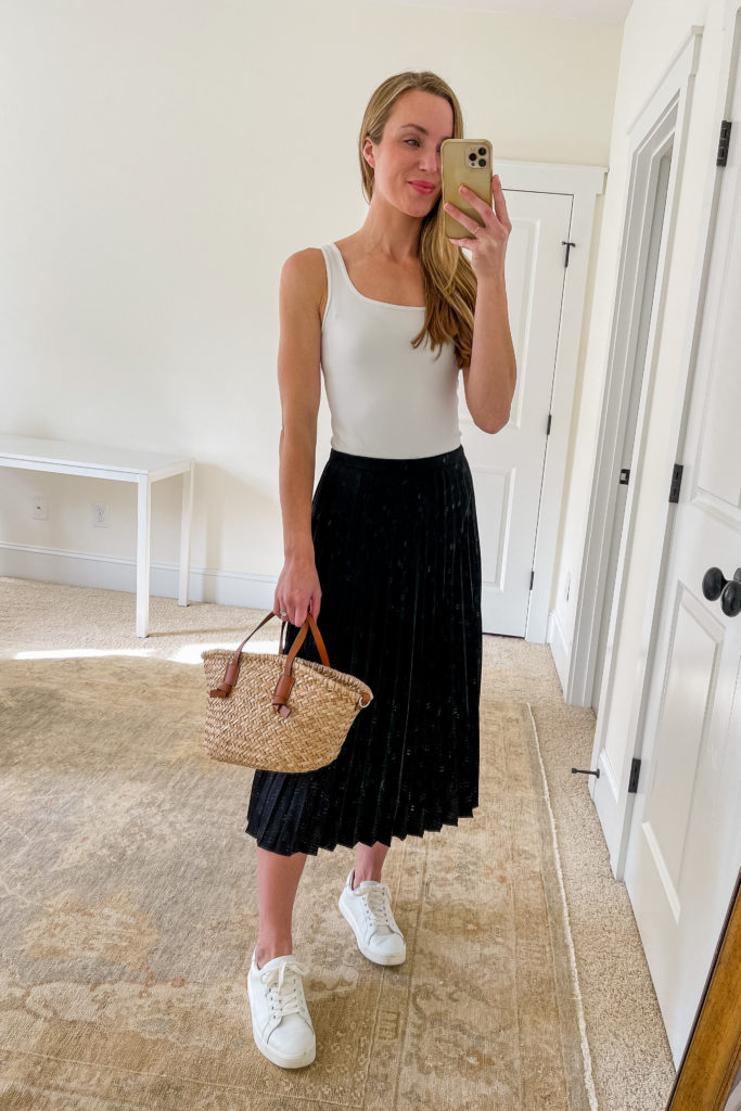 Black pleated shop midi skirt