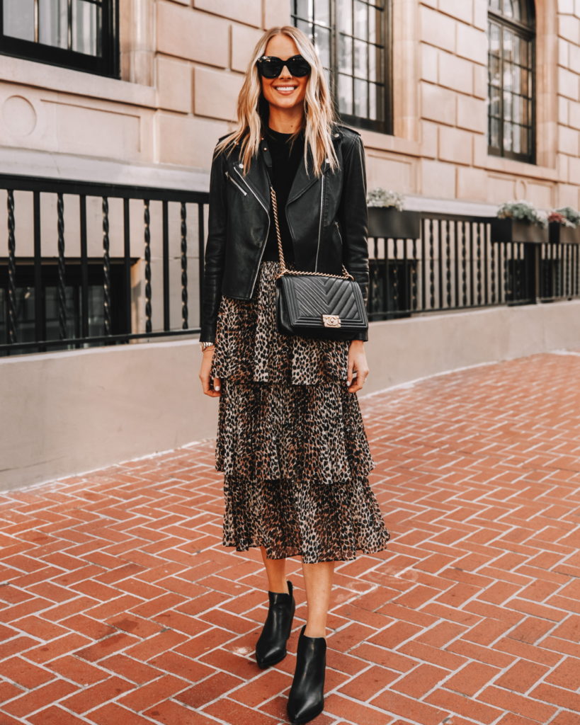 fall skirt outfit with sweater and black leather jacket