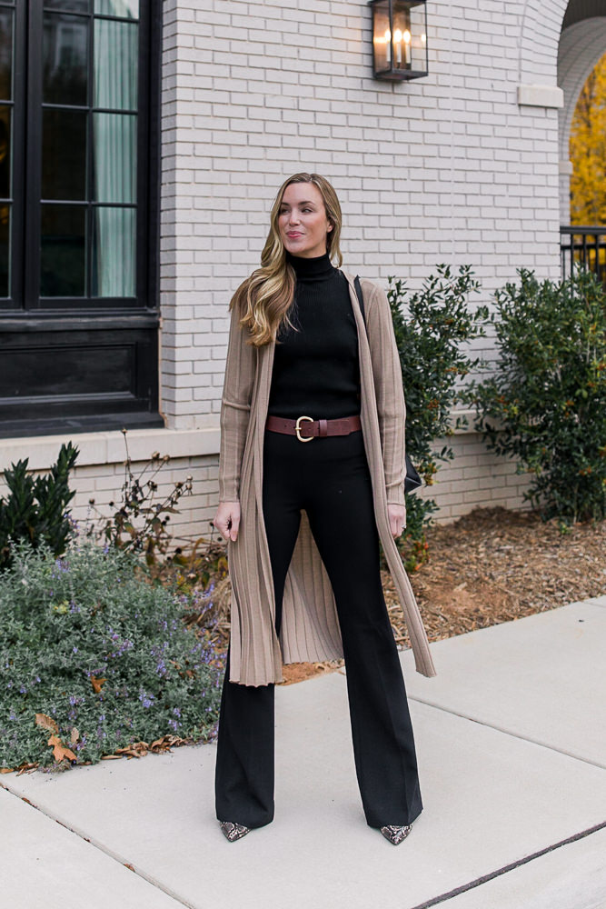 Natalie Yerger wearing long cardigan outfit with Wolford bodysuit brown belt theory dress pants