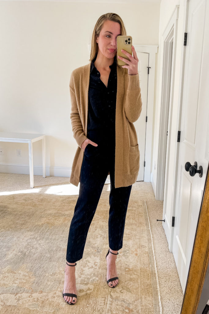 Natalie Yerger wearing long cardigan outfit for office with theory cardigan vince button up vince trousers Schutz heels