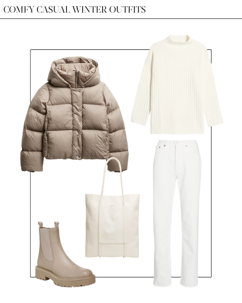 casual winter outfit with puffer jacket white jeans and white sweater