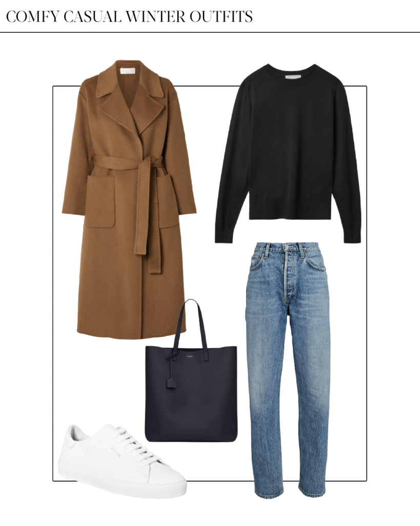 casual wool coat outfit with jeans and sneakers