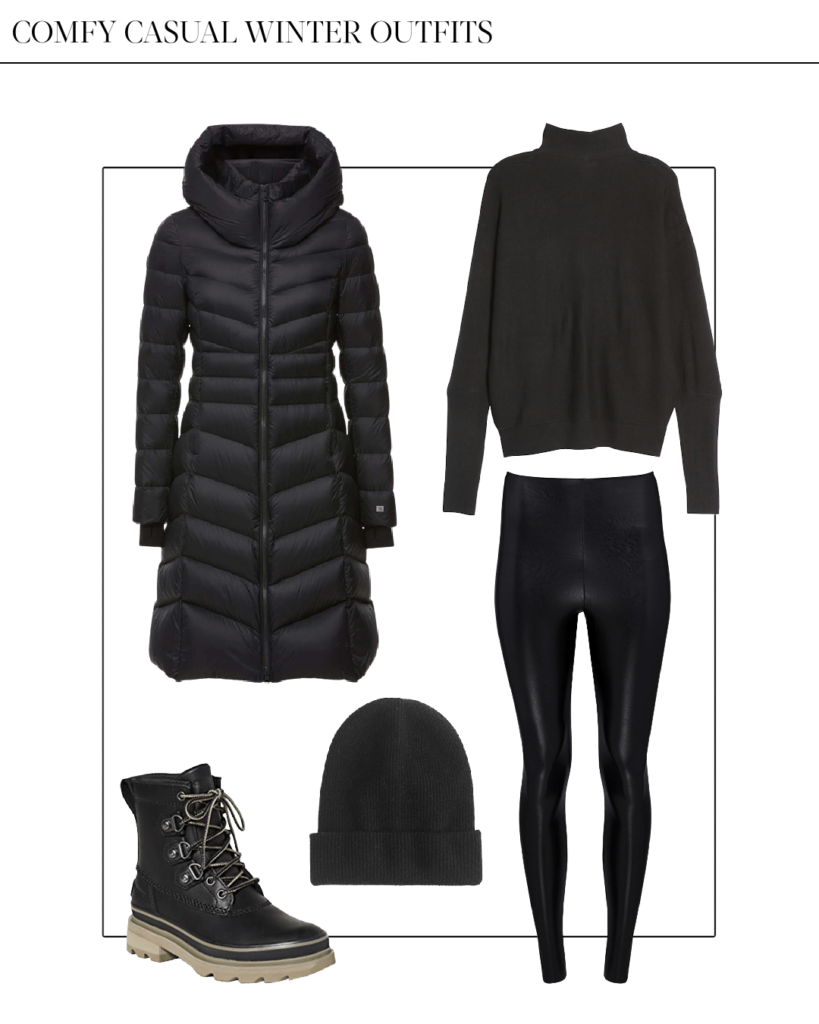 casual winter outfit with puffer coat faux leather leggings and black sweater