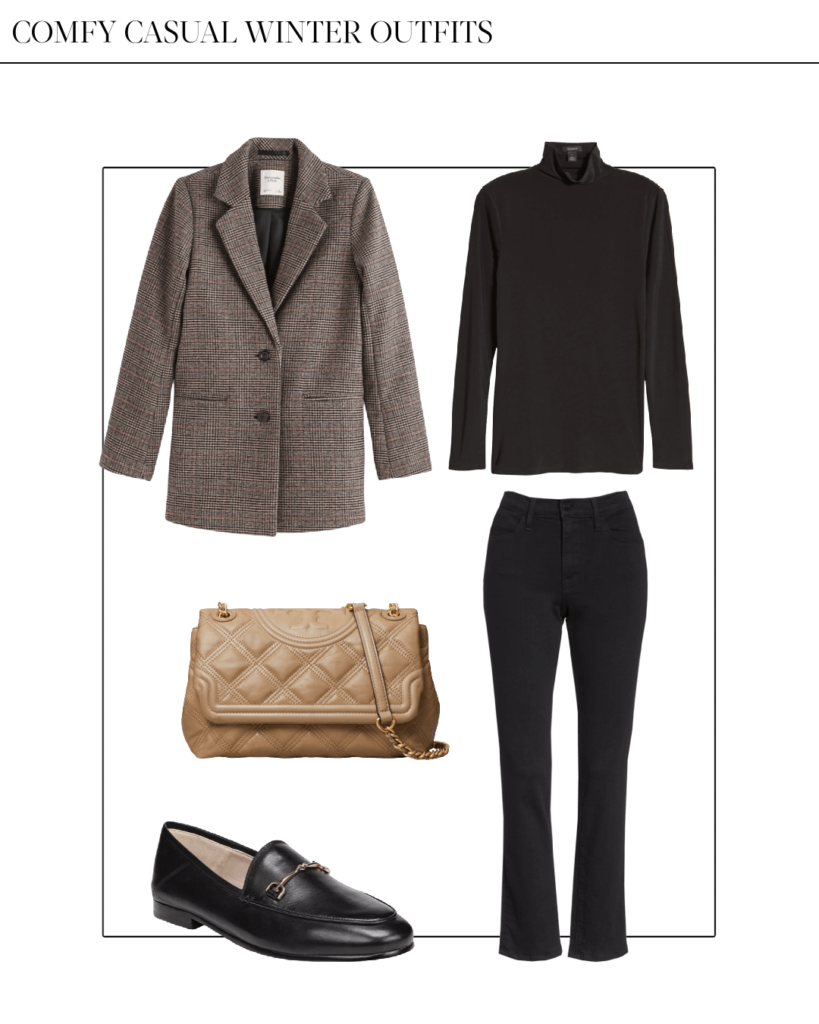 casual winter outfit with wool blazer coat black jeans and black sweater