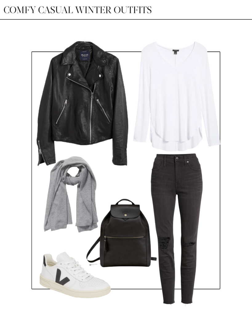 winter leather jacket outfit with jeans and sneakers
