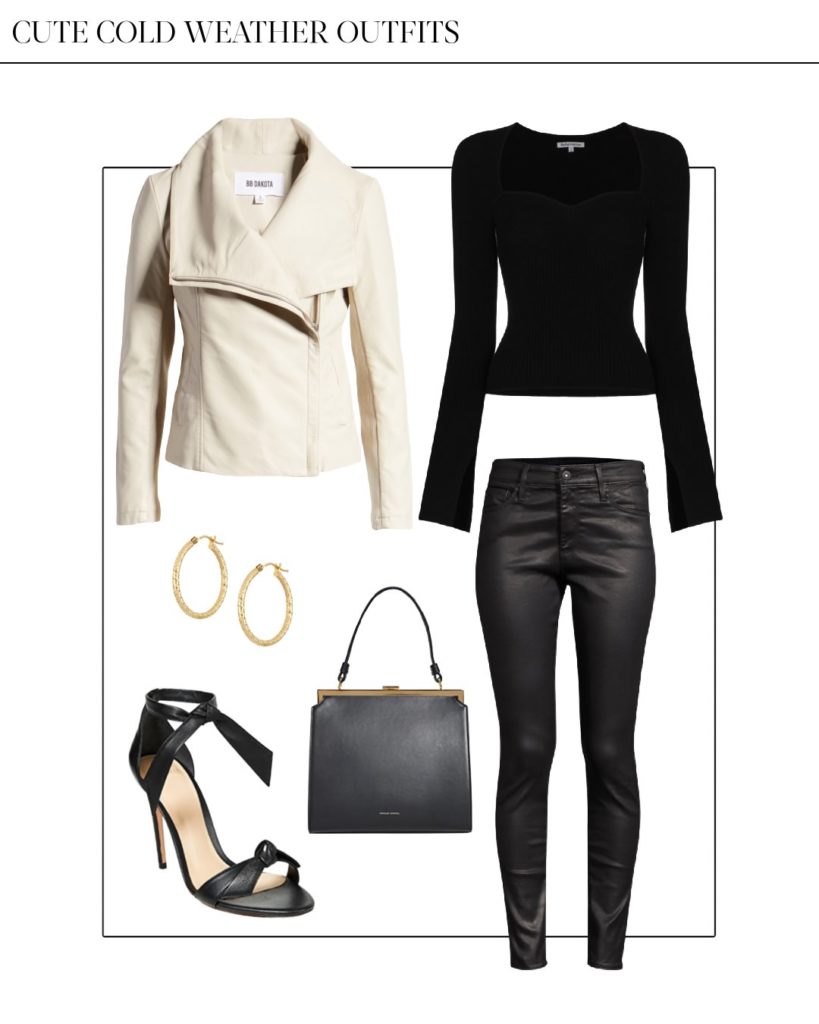 black coated pants outfit for winter with white leather jacket and black heels