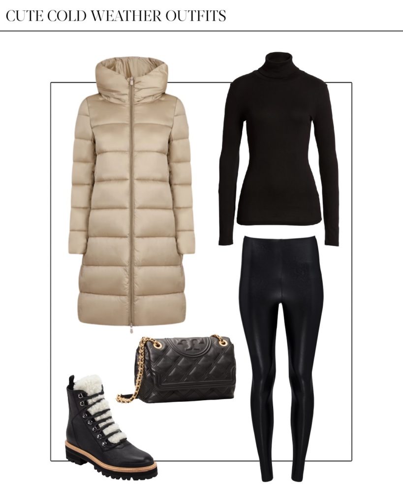 casual puffer coat outfit for cold weather