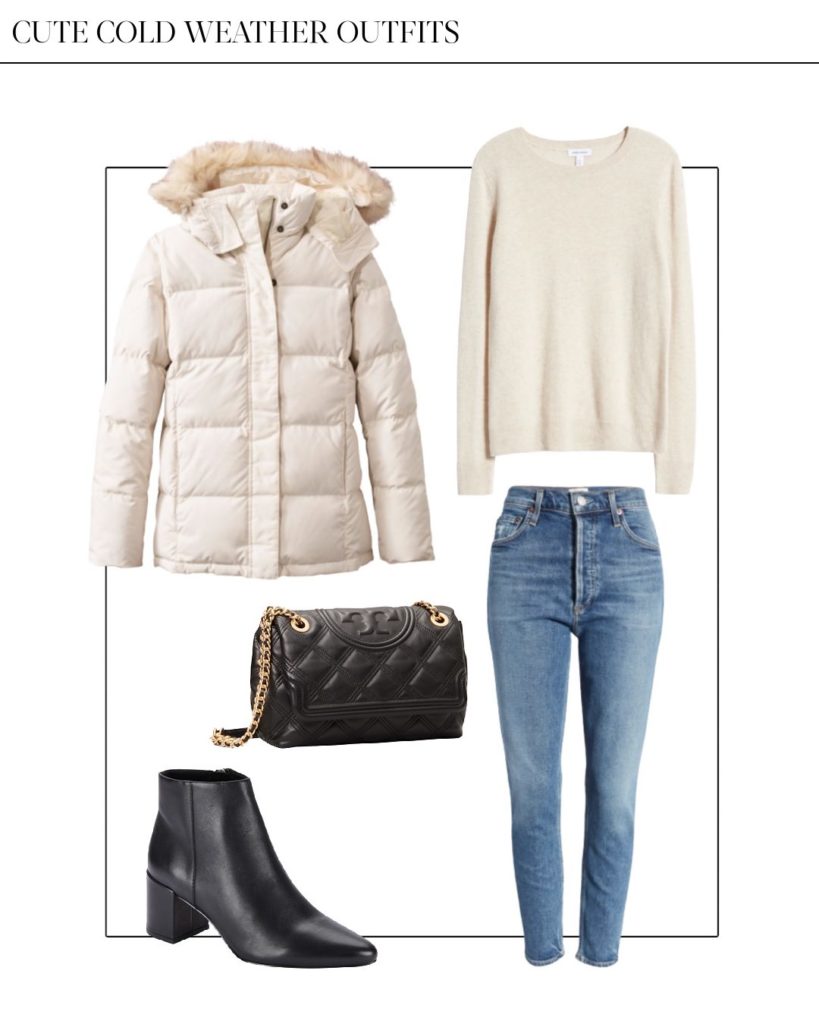 casual puffer jacket outfit for cold weather