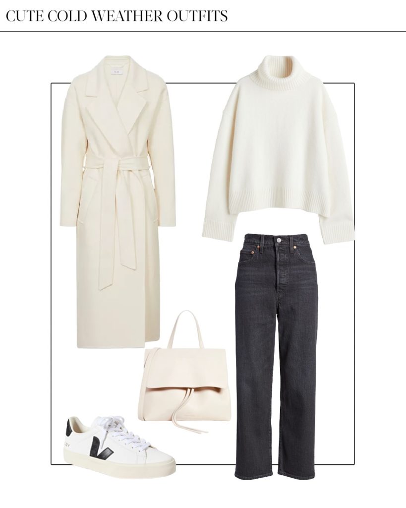 casual winter outfit with white coat black jeans and veja sneakers