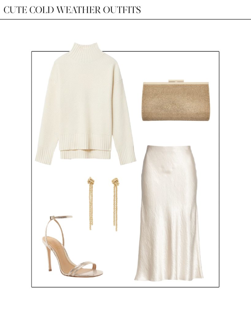 dressy cute cold weather outfit with white skirt and white turtleneck