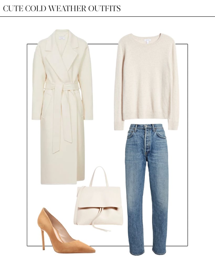 dressy cute cold weather outfit with white coat and jeans