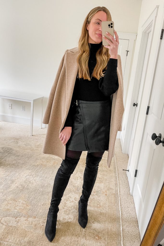 dressy outfit for cold weather with wool coat black mini skirt commando tights black turtleneck and black thigh high boots