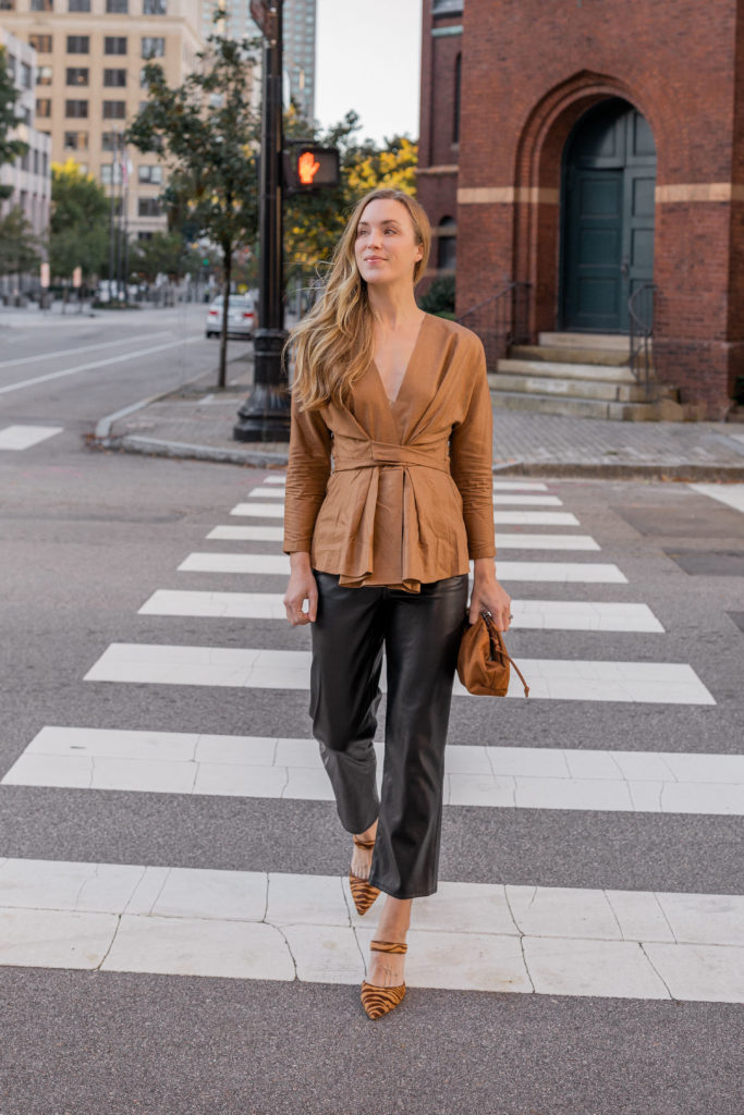 dressy faux leather pants outfit with suede heels and wrap top