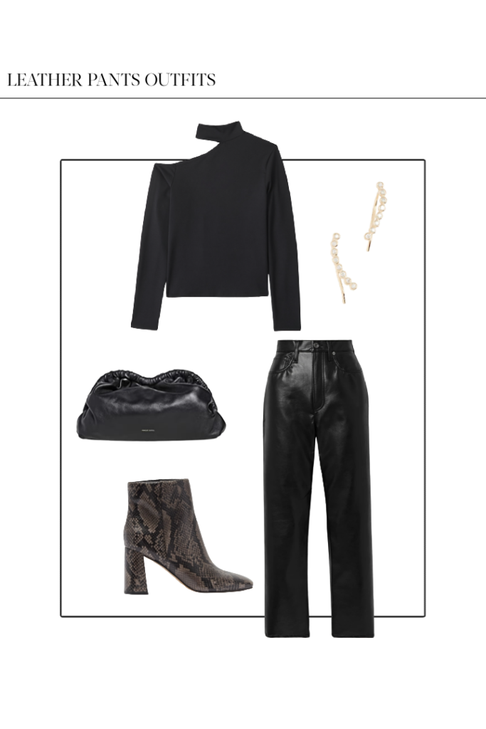 leather pants outfit idea for night out with snakeskin booties black clutch and cutout black sweater