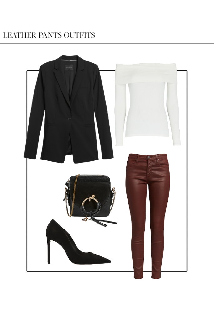 night out leather pants outfit with brown skinny leather pants white sweater black heels and black blazer