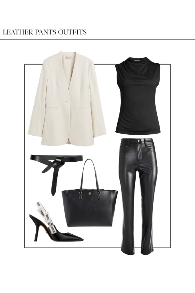 leather pants office outfit with white blazer and black Dior pumps