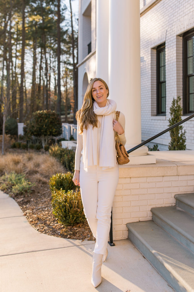 all white winter outfit with white booties