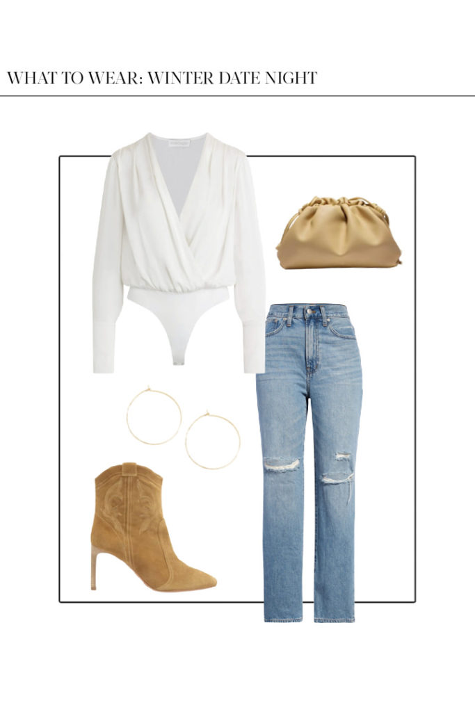 winter date night outfit idea with jeans, white bodysuit, and heeled ankle booties