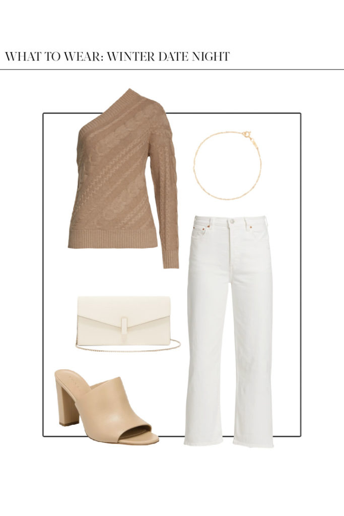 date night outfit idea for winter with one shoulder sweater, white jeans, and heeled mules
