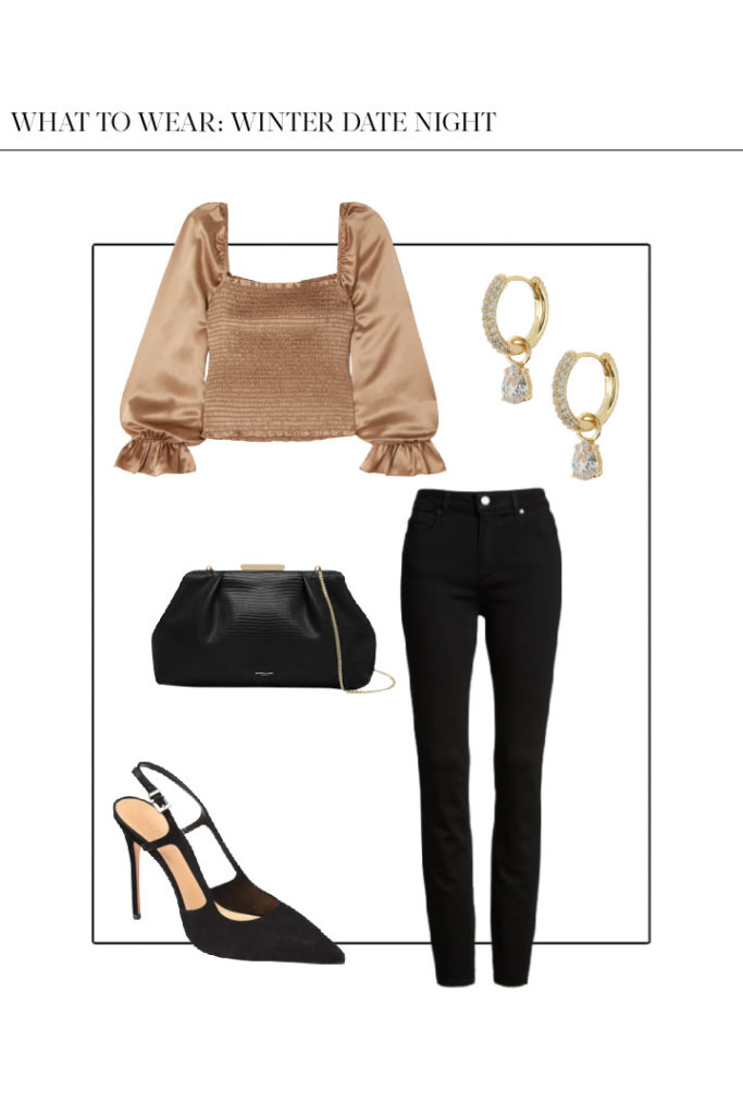 sexy winter date night outfit with satin blouse black jeans and black pumps