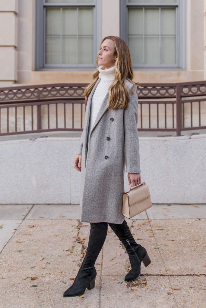 chic winter date night outfit with long wool coat sweater dress and tall boots