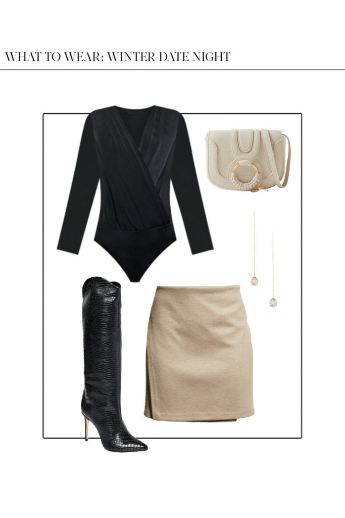 winter date outfit with black bodysuit and suede mini skirt