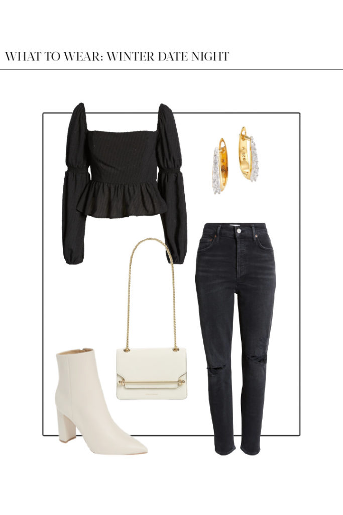 black jeans cold weather date night outfit idea with white booties and black blouse