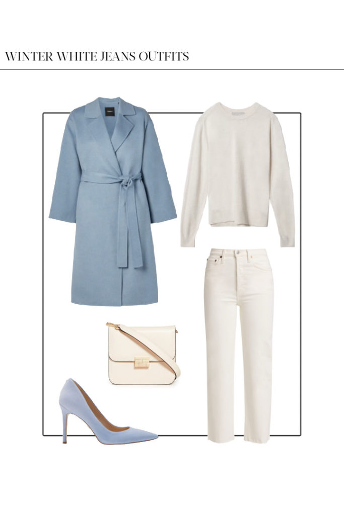 white jeans winter outfit idea with blue wool coat and blue pumps