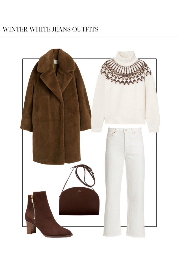 brown teddy coat outfit idea with white jeans Sarah Flint booties and apc bag