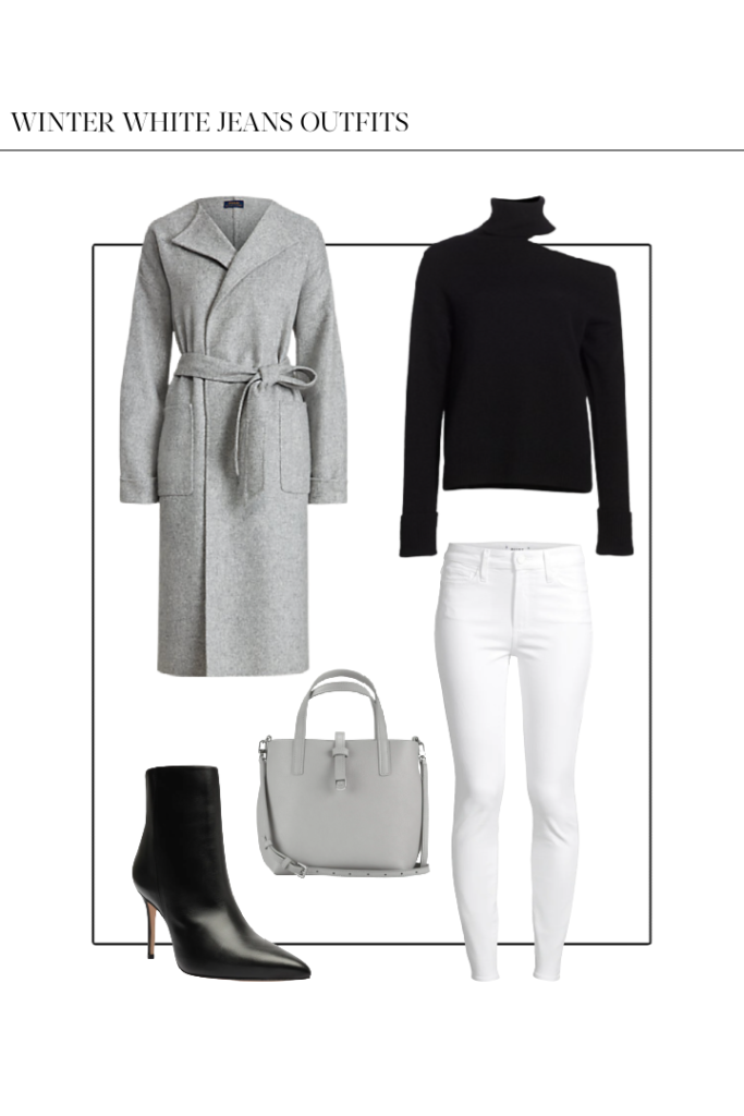 winter white jeans outfit idea with white skinny jeans black booties and gray wool coat