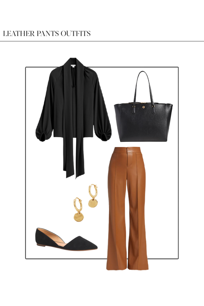 brown leather pants office outfit idea with black blouse and flats
