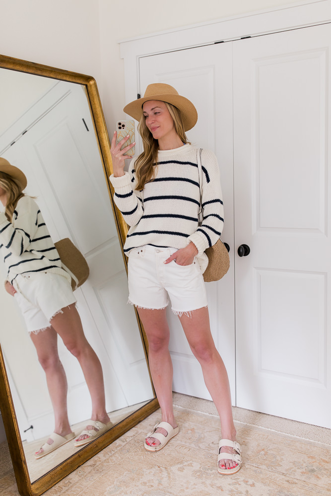 memorial day outfit with striped sweater white cutoff shorts slide sandals