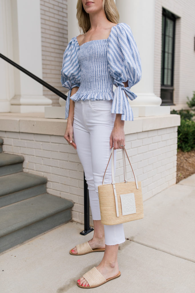 memorial day outfit with striped blue top white jeans sandals