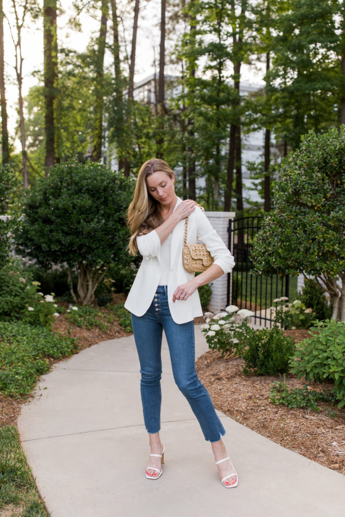 white blazer outfit with jeans