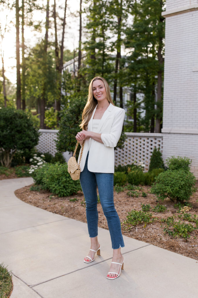 blogger wearing white blazer outfit