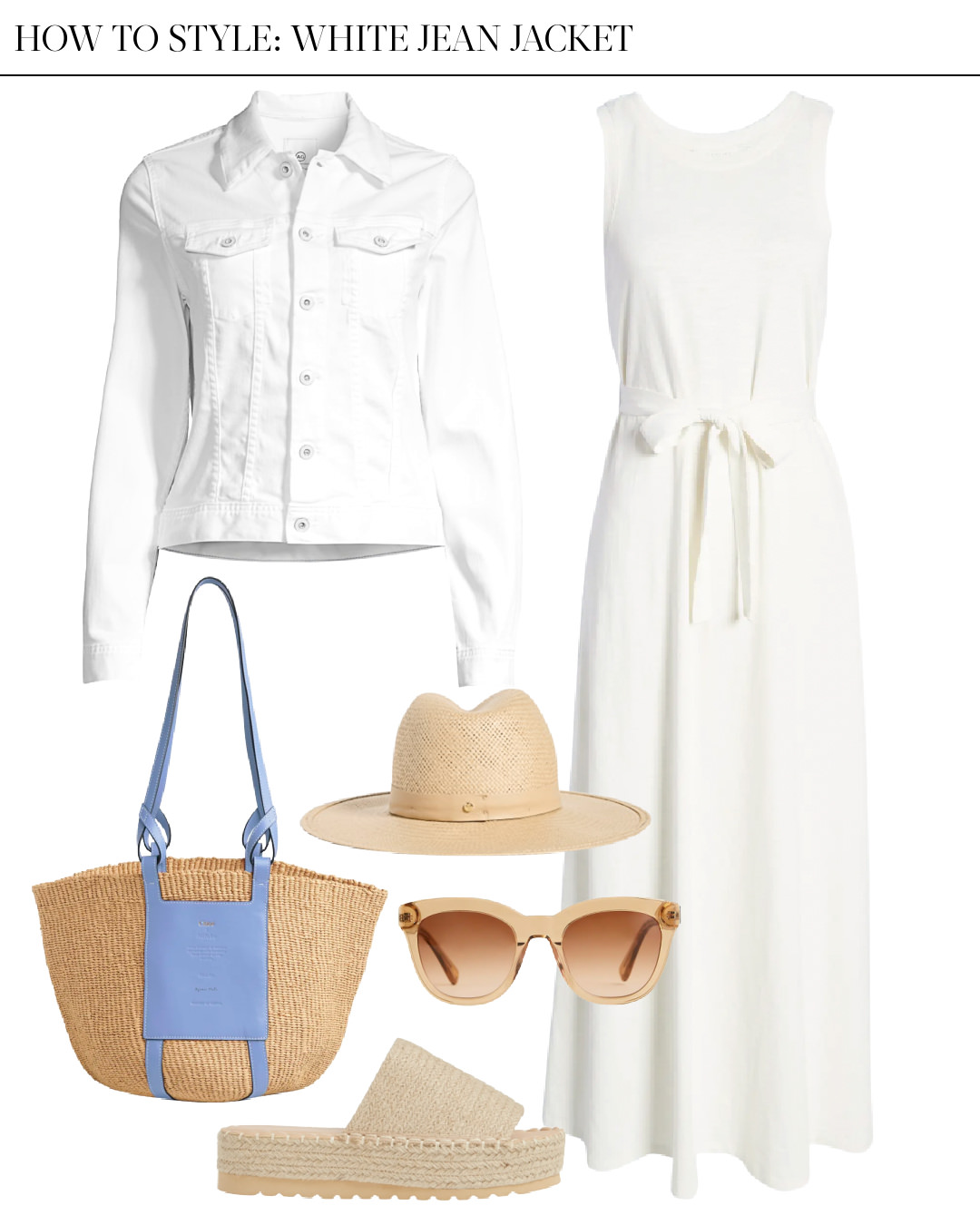 white jean jacket outfit idea with white maxi dress
