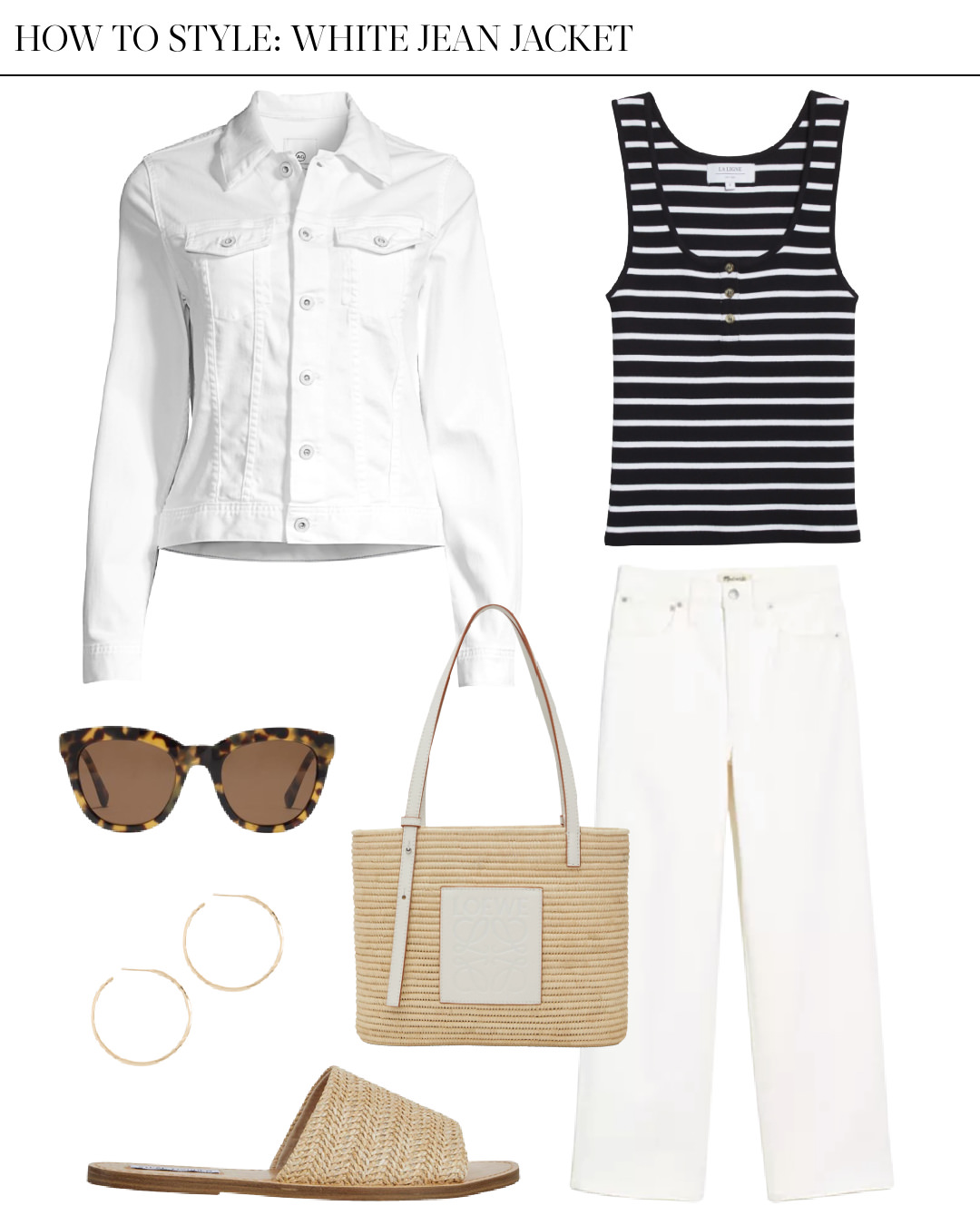 striped tank and white jeans outfit to wear with a white jean jacket