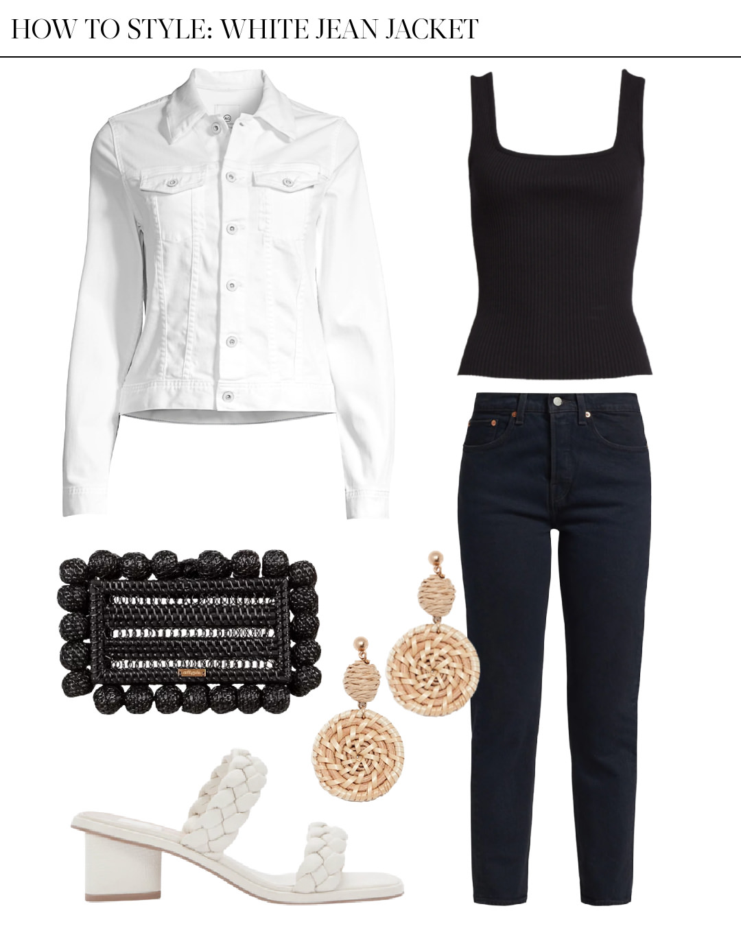 outfit with white jean jacket and black jeans