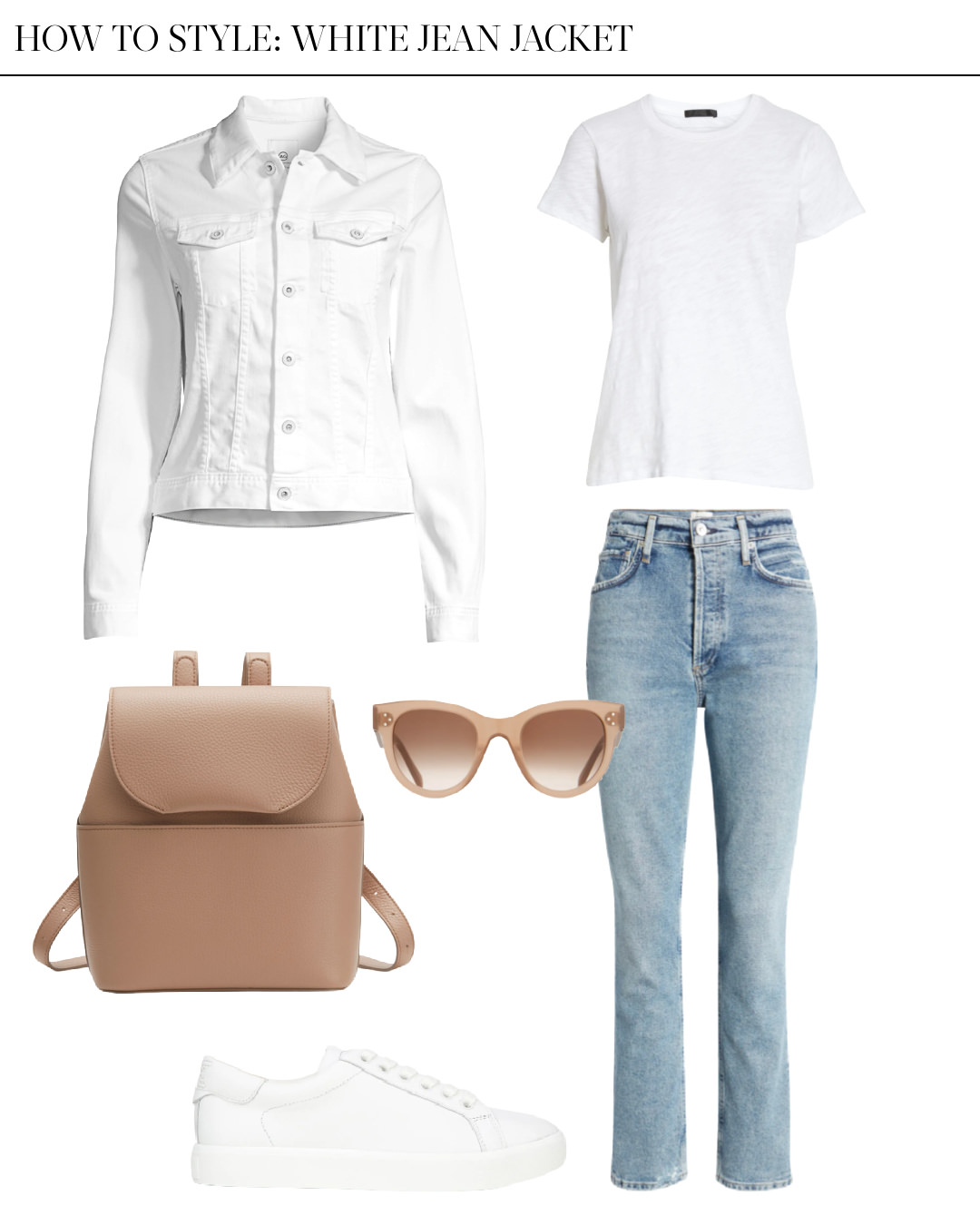casual white jean jacket outfit with tshirt and jeans