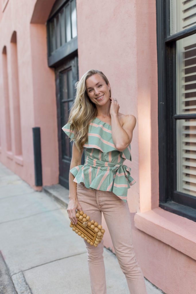 date night outfit idea for summer with stella jean one shoulder top and citizens of humanity jeans